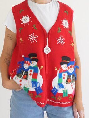 Vintage Red Snowman Snowflake Holly Embroidered Ugly Christmas Sweater Vest XL